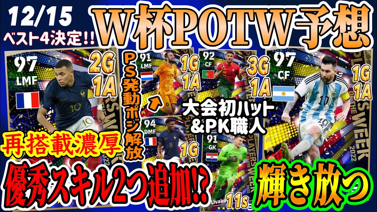 【ベスト4決定!!】eFootball2023 W杯POTW週間FP予想 またもムバッペ!! 大会初ハット&最年長G オランダからは誰か? GKはPK職人か??【eFootballアプリ/イーフト】
