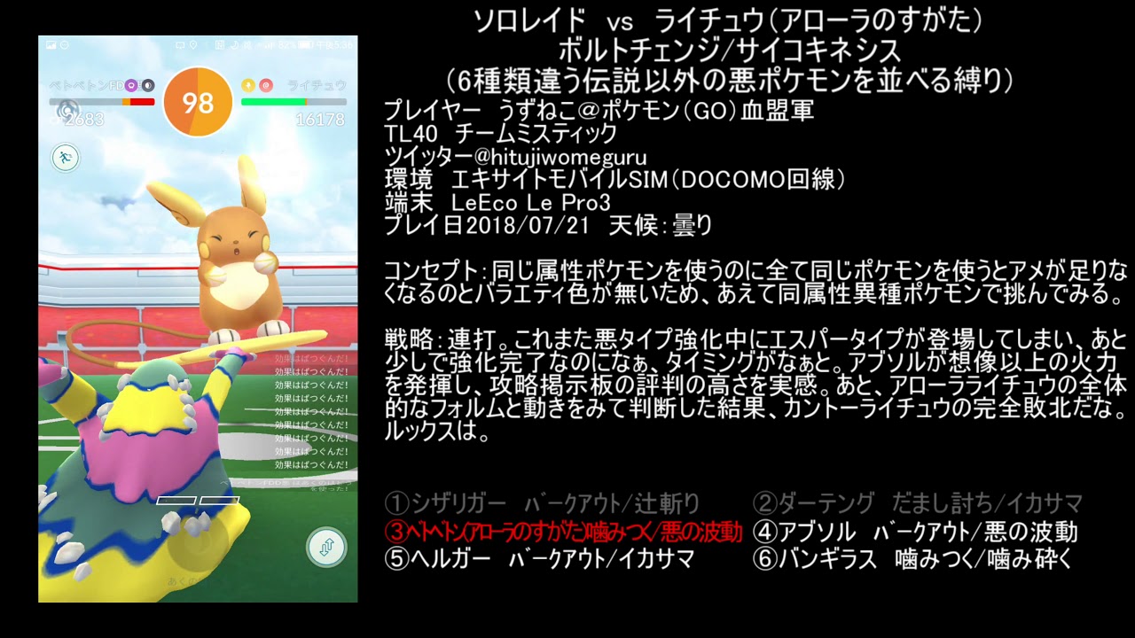 6種類の悪ポケモンでソロレイド　vsライチュウ（アローラのすがた）（避ける気なし・ボルトチェンジ/サイコキネシス）