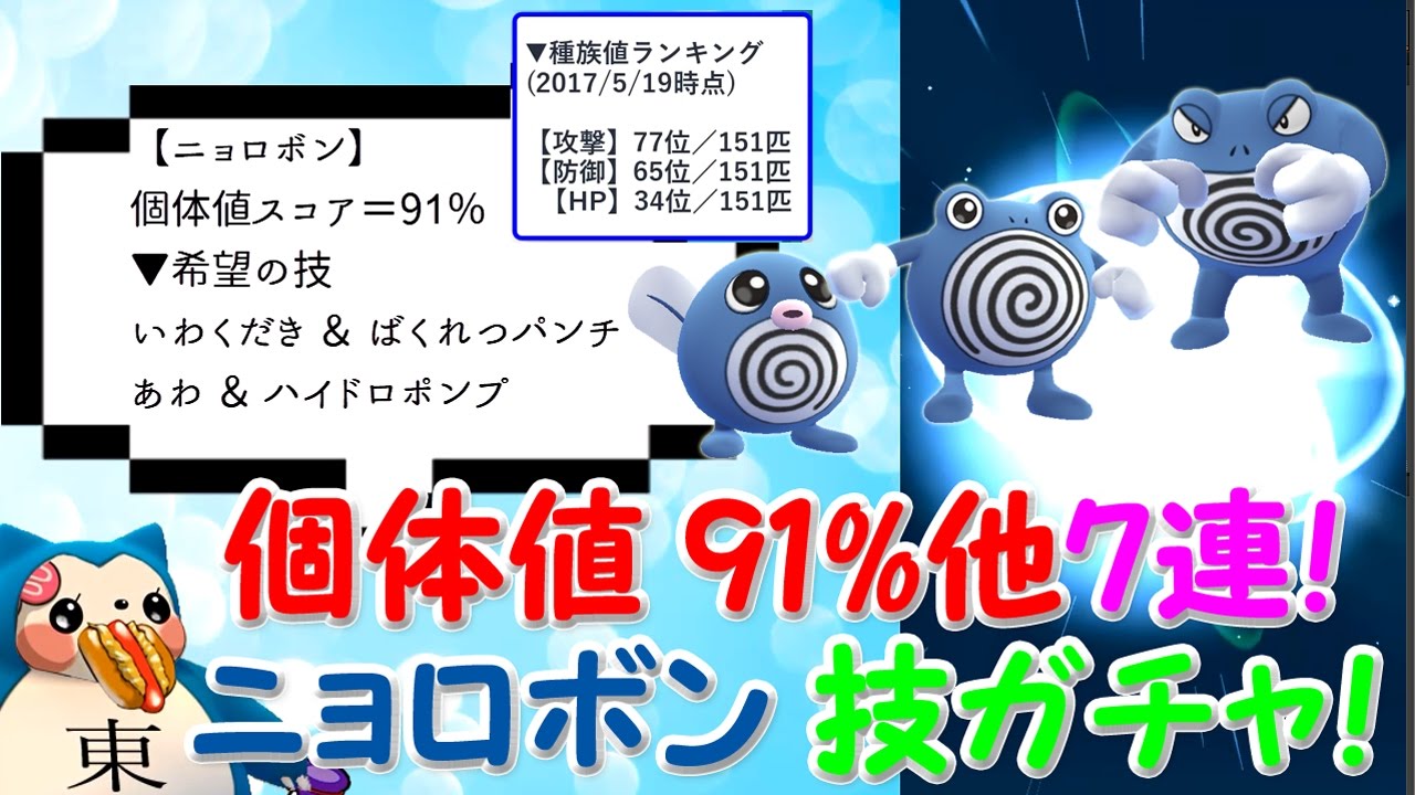 【7連】ニョロボン厳選技ガチャ個体値91％ニョロモ進化