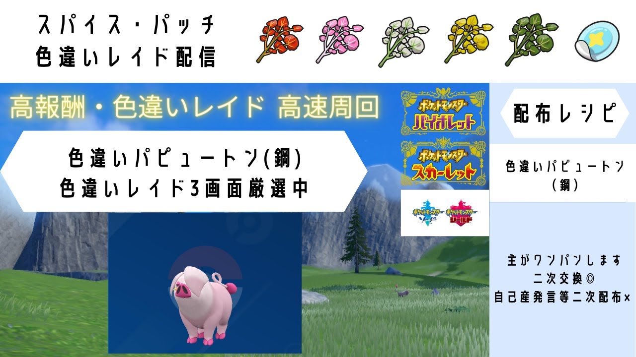 【ポケモンSV】 　色違いパピュートン♂無限配布　色違いレイド3画面厳選中　【高速レイド配信】