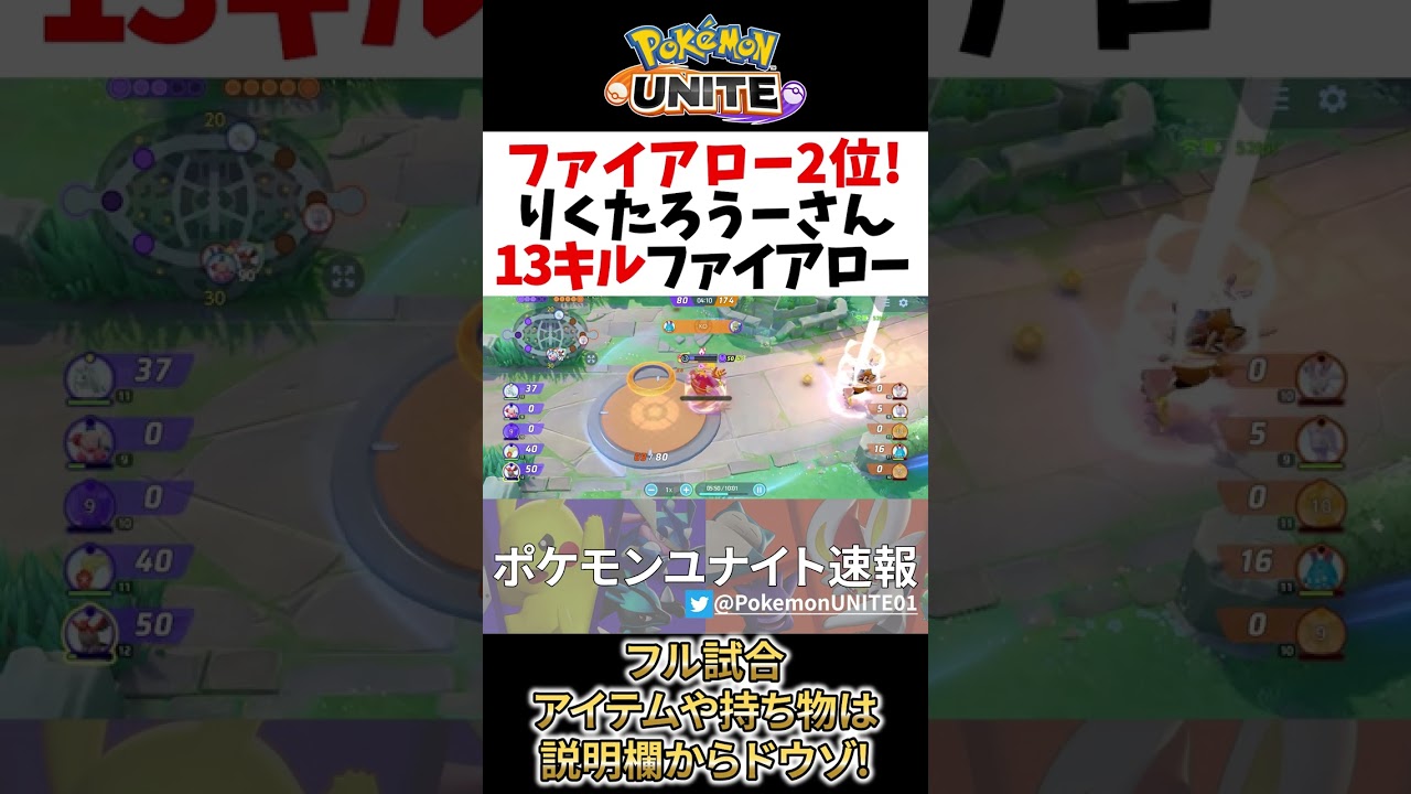 【 ポケモン ユナイト】ファイアロー 2位! 13キルのファイトアロー りくたろうー Best Game Play【 Talonflame / Pokemon unite 】　#shorts