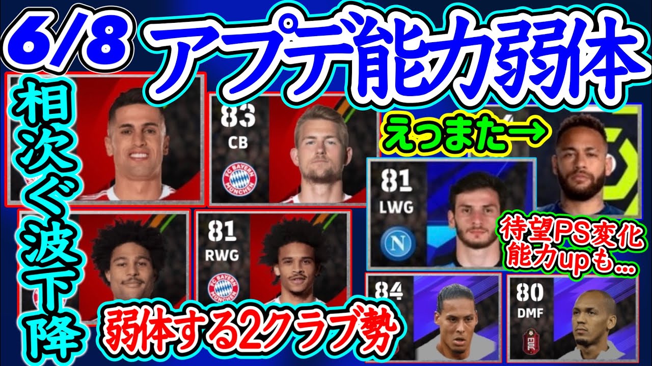 【アプデ変更②】eFootball2023 6/8プデ能力変更まとめ 弱体組 相次ぐ波下降 微変化組  PS待望変化も... あのBigネームが弱くなる。 【eFootballアプリ/イーフト】