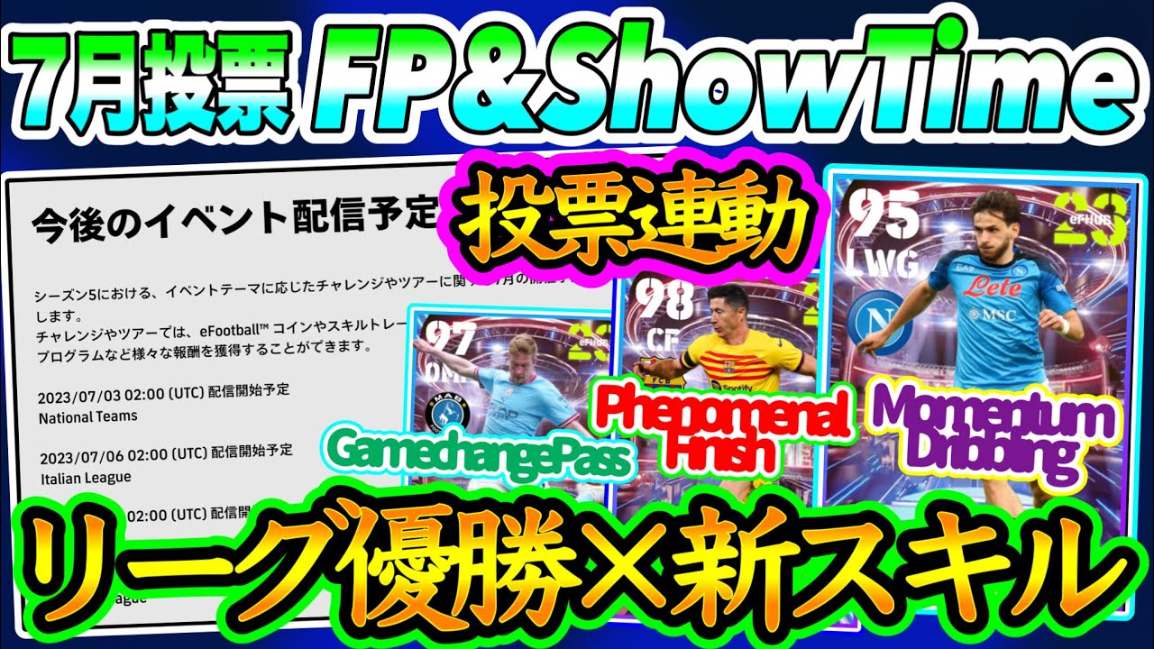 【ガチャ予想】eFootball2023 7月イベ日程公開 投票FP登場はほぼ確定！ショータイム選出と追加スキル考察 モメンタム×あのWG フェノミナルは...【eFootballアプリ/イーフト】