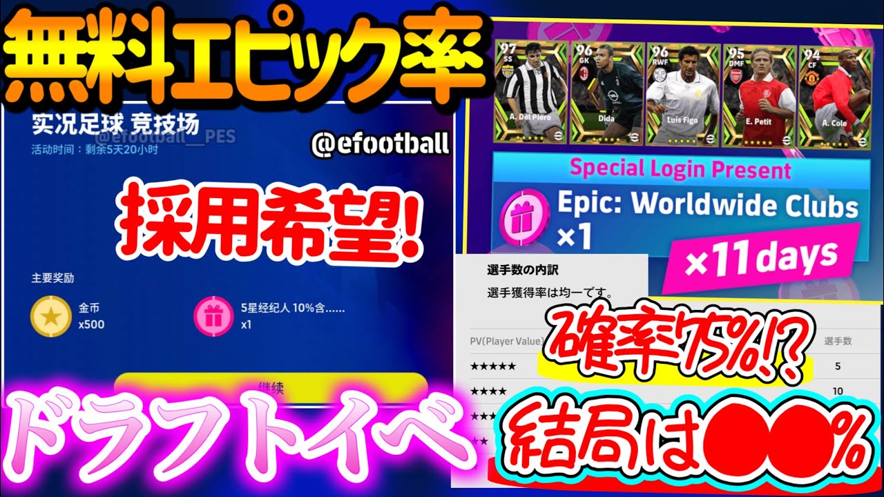 【2イベント】eFootball2024採用希望 ドラフトイベント！ランダムが盛り上げる 無料エピック決着!! 確率75%!?→結局は "●●に打ち勝てるか"【eFootballアプリ/イーフト】