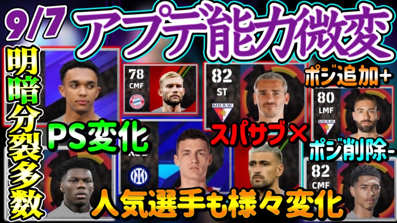 【アプデ変更③】eFootball2024 9/7アプデ能力変化 微変化/微妙変化 明暗分かれ 能力↑PS変化やスパサブ削除 ポジ追加や削除に左右 乗り換えは?【eFootballアプリ/イーフト】