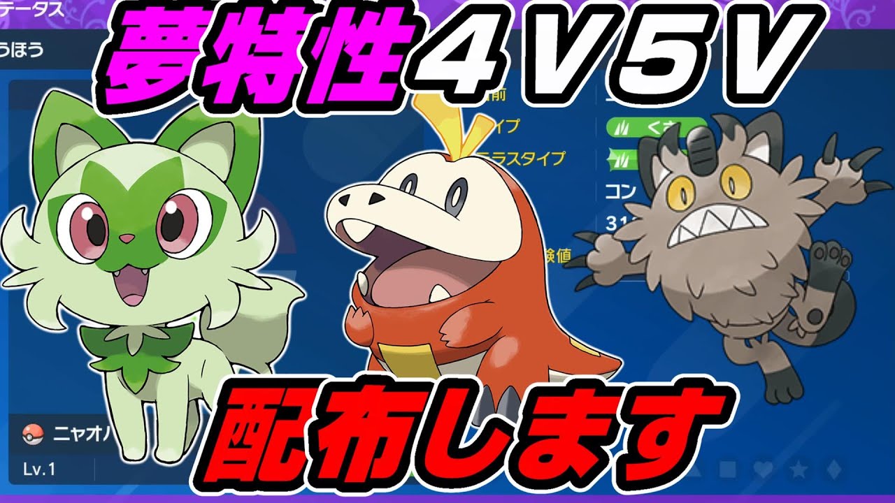 【ポケモンSV】夢特性ニャオハ＆ホゲータ＆ガラルニャース４Ｖ５Ｖ個体配布します【スカーレットバイオレット】