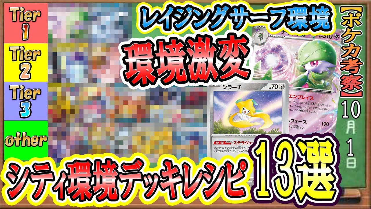 【ポケカ考察】シティリーグ環境激変！レイジングサーフガチ環境でついにTier１交代！シティリーグで勝つならこのデッキ！現環境の最強デッキレシピ１３個をTier表とともに徹底考察！