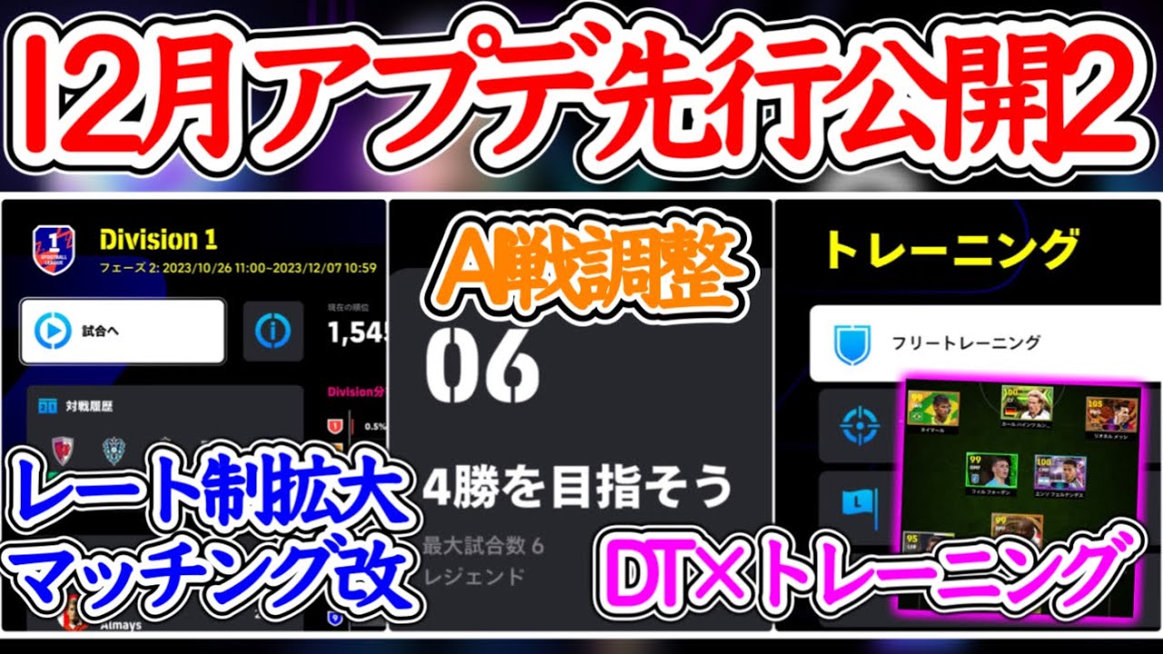 【公式発表2】eFootball2024 次回12月アプデ内容先行公開2 eFootballリーグレート制拡大と調整 ドリームチームでトレーニング！ AI戦調整【イーフト/eFootballアプリ】