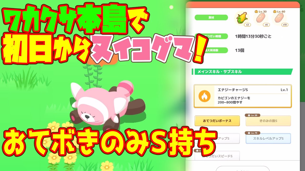 ポケモンスリープ実況【ワカクサ初日でヌイコグマおてボきのみＳ持ちの激強個体獲得！】