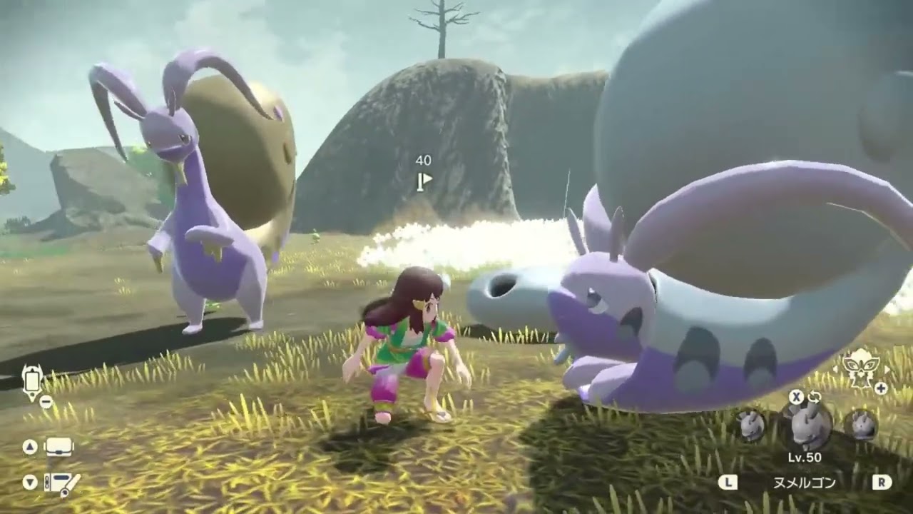 固定オヤブン色違いヌメイルを捕獲し、オヤブン色違いヌメルゴンに進化！殻にこもるヌメルゴンも、ヌメルゴンの股に入り込むチュリネも可愛い😻　【Pokémon LEGENDS アルセウス】