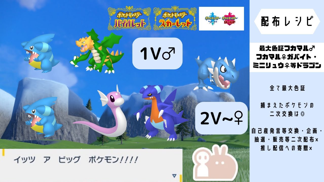 最大フカマル♂♀ミニリュウ♀等ドラゴン　メンバーさん限定/最大ヌメラ・カジッチュ等ドラゴン/最大ニャイキング♀・ルカリオ♂等はがね/最小フカマル♀・ミニリュウ♀等ドラゴン　デリバードレイド