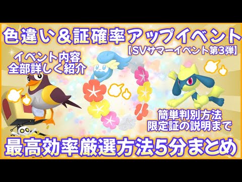 夏イベ第3弾 色違い＆証確率アップイベント 最高効率厳選方法5分まとめ #ポケモンsv #最高効率 #色違い #カイデン ＃リオル #キュワワー #コレクレー #大量発生 #サマーイベント