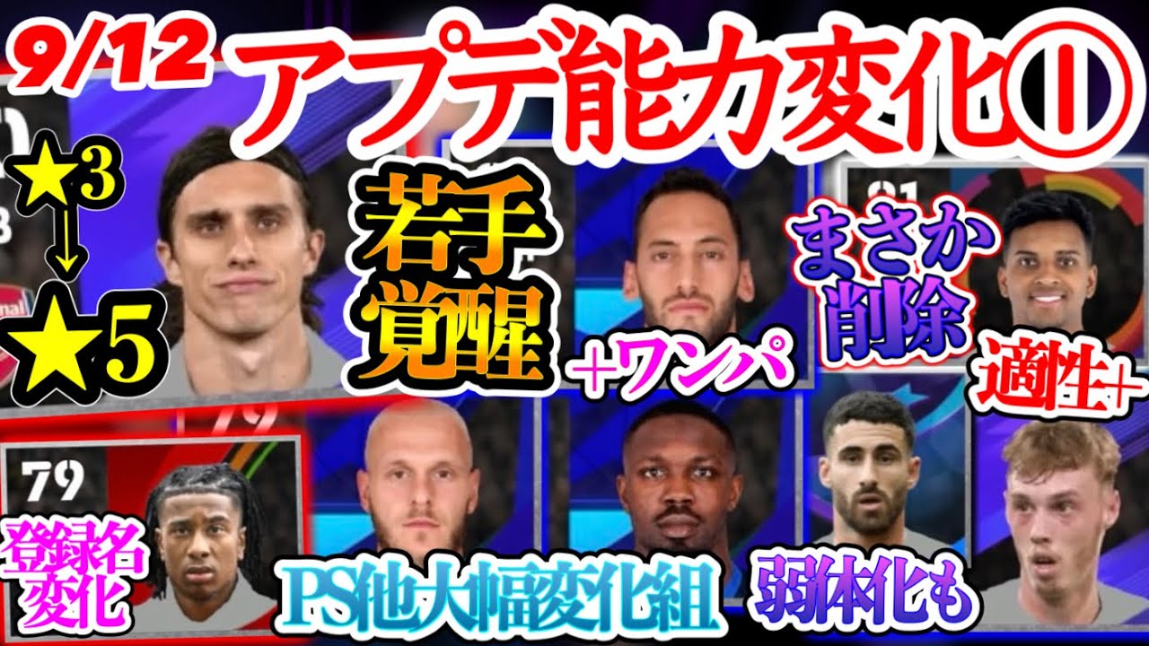 【覚醒】eFootballアプリ 9/12アプデ能力変化① 若手DF覚醒★5昇格 登録名変化 PS他大量変化 コスパMF弱体化 適性+MF まさかのスパサブ剥奪【eFootballアプリ/イーフト】