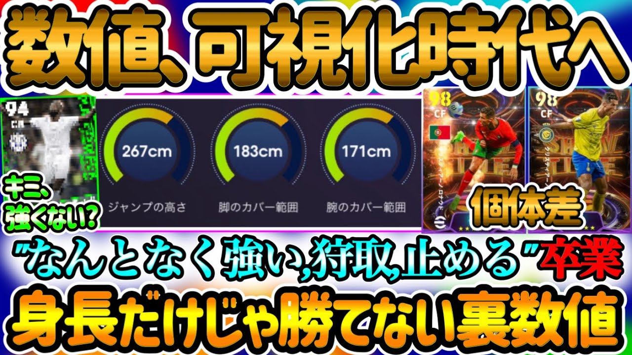 【同名個体差あり】eFootballアプリ 身長だけで判断する時代"終" なんとなく強い,狩り取れる,止めるを卒業 裏数値でわかるホンモノ ジャンプと足と腕のカバー範囲【eFootball/イーフト】