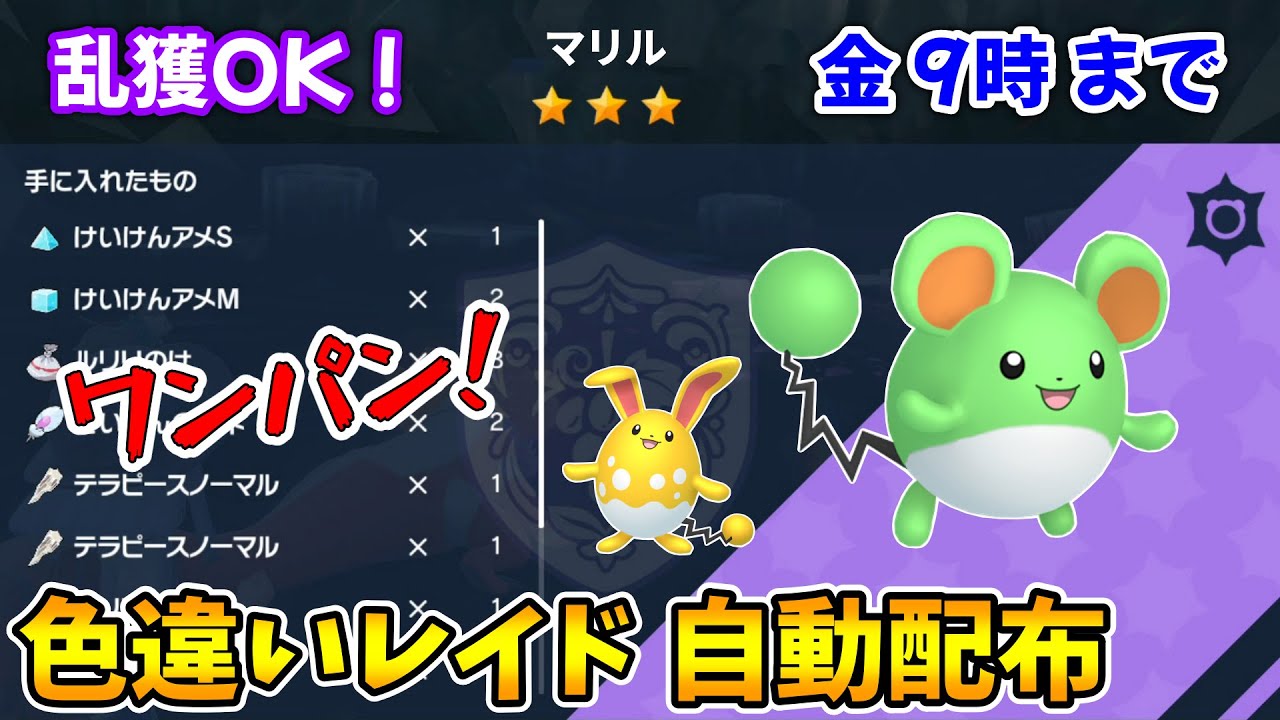 乱獲OK！マリル色違いレイド自動配布会！【ポケモンSV】