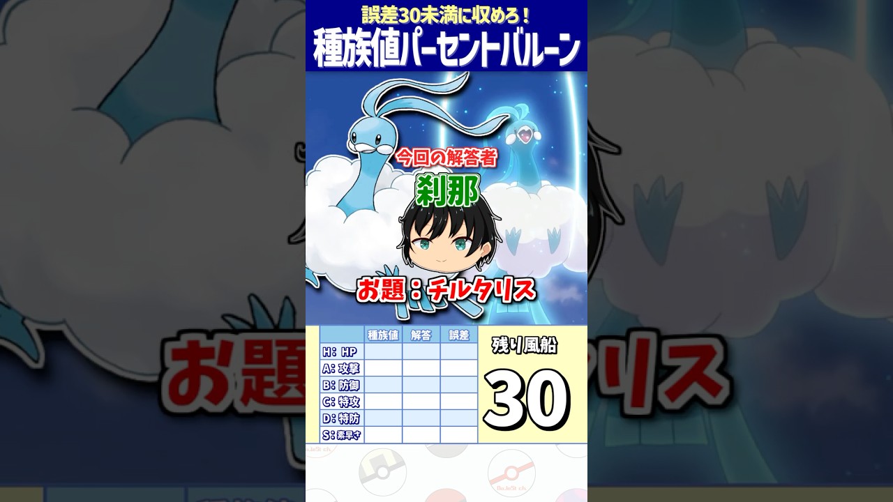 【ポケモン】チルタリスの種族値を答えよ！【種族値パーセントバルーン】#shorts #ポケモンクイズ  #dojest #ポケモンsv