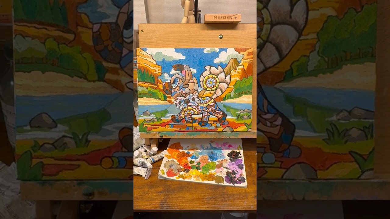 油絵でポケモンカード(イワンコ)描いてみた#油絵 #美大生 #ポケモン #ポケカ #イワンコ #shorts