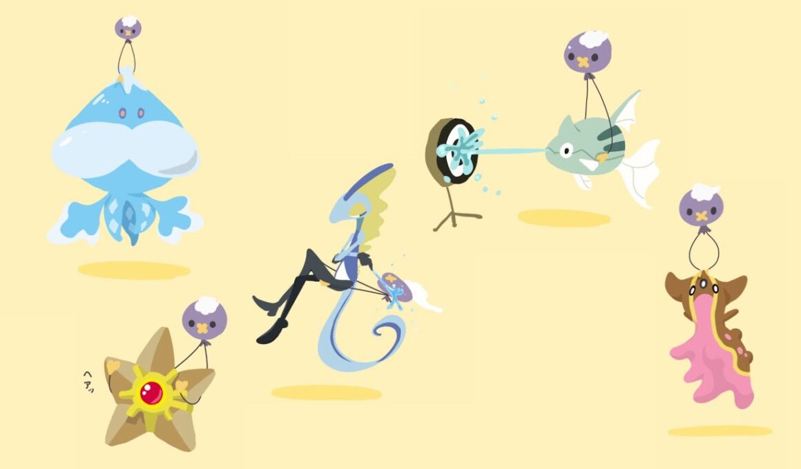 フワンテがいろんなポケモンを持ち上げる絵ができるまで　#8【水タイプ達（ブルンゲル   /インテレオン/ヒトデマン/テッポウオ/トリトドン）編】