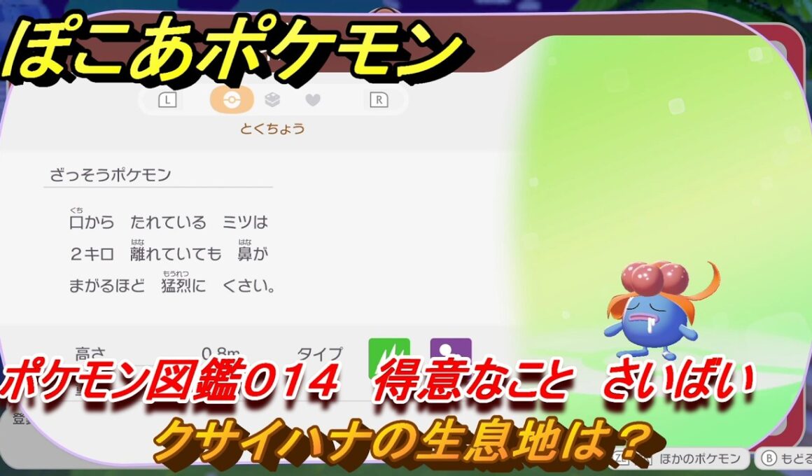 ぽこあポケモン　クサイハナの生息地は？　ポケモン図鑑０１４　得意なこと　さいばい　＃７６２　【ぽこポケ】