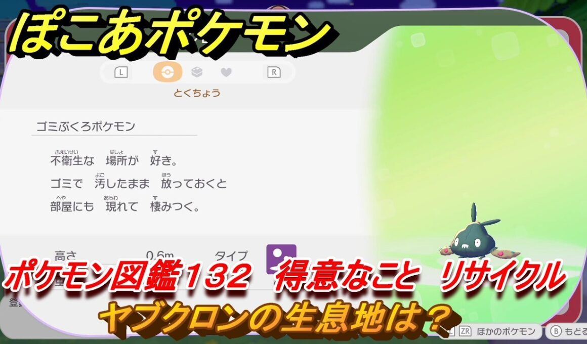 ぽこあポケモン　ヤブクロンの生息地は？　ポケモン図鑑１３２　得意なこと　リサイクル　＃８７７　【ぽこポケ】