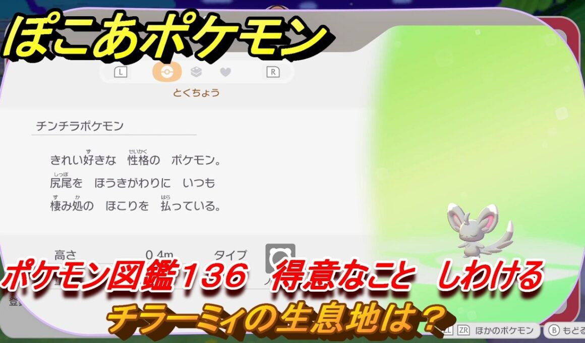ぽこあポケモン　チラーミィの生息地は？　ポケモン図鑑１３６　得意なこと　しわける　＃８８１　【ぽこポケ】