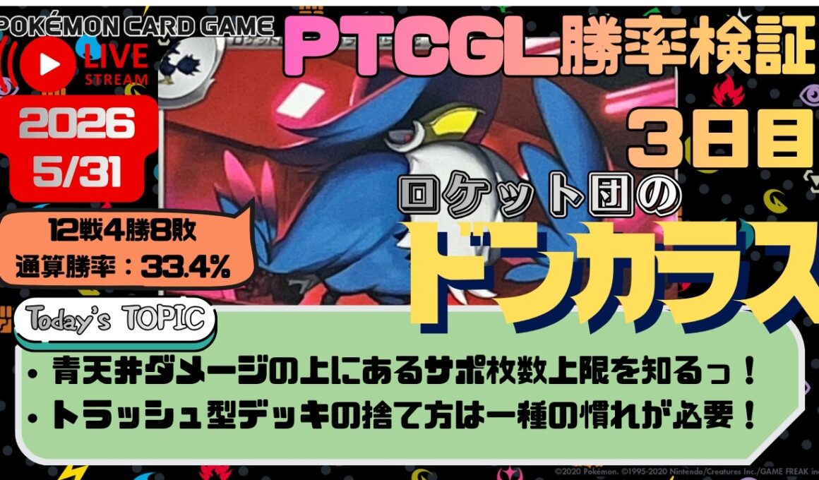 【勝てない人のための #PTCGL #勝率検証 配信】ロケット団のドンカラスの青天井ダメージは真実か? （３日目）【#ポケモンカード】