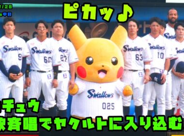 ピカチュウ　国歌斉唱でヤクルトの列に入り込む！？　2026/7/20 vs中日