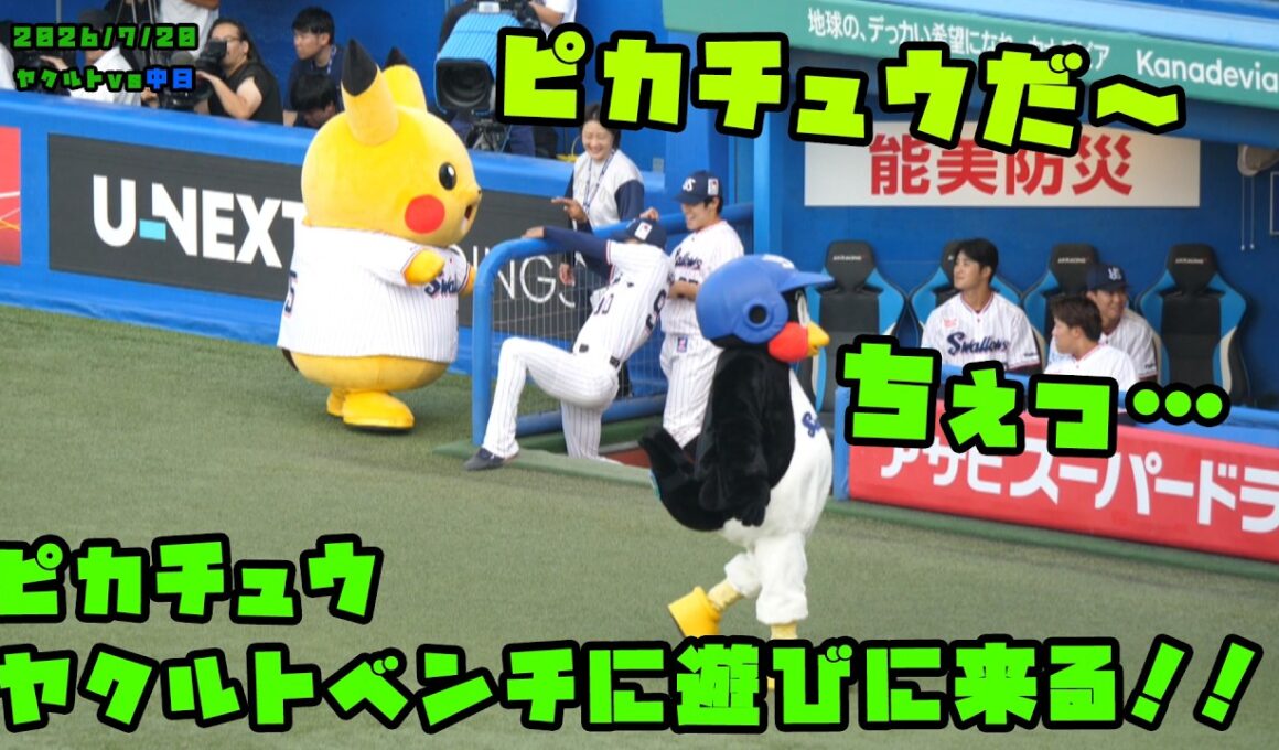 ピカチュウ　ヤクルトベンチに遊びに来る！！　2026/7/20 vs中日