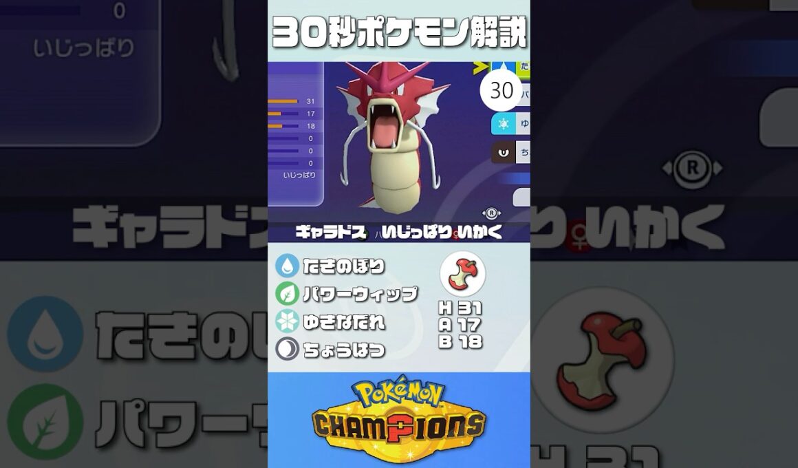 30秒でポケモン解説！『物理受けギャラドス』【最高レート2421】#ポケモンチャンピオンズ #ポケチャン #ギャラドス #解説 #実況 #pokémonchampions #初心者 #育成論